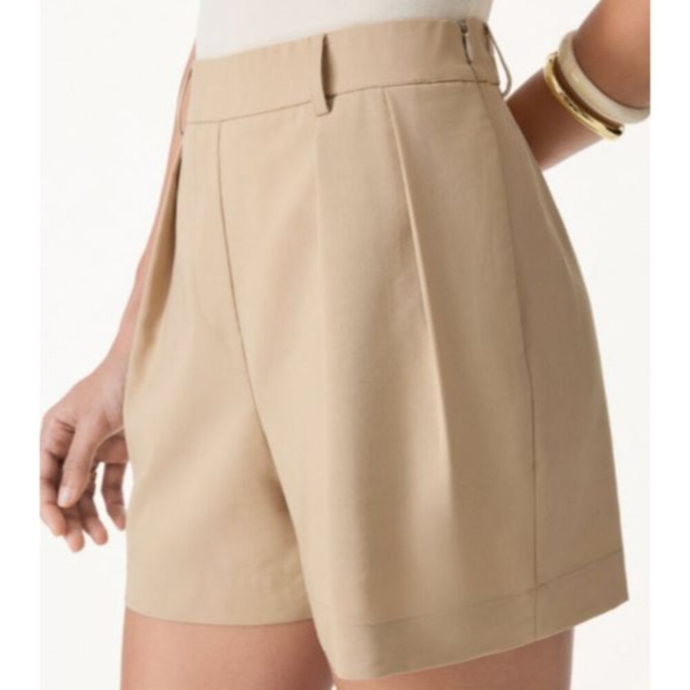 OGL Lyocell-Linen Tailored Pleated Side Zip Shorts with Pockets Khaki Sz Medium
